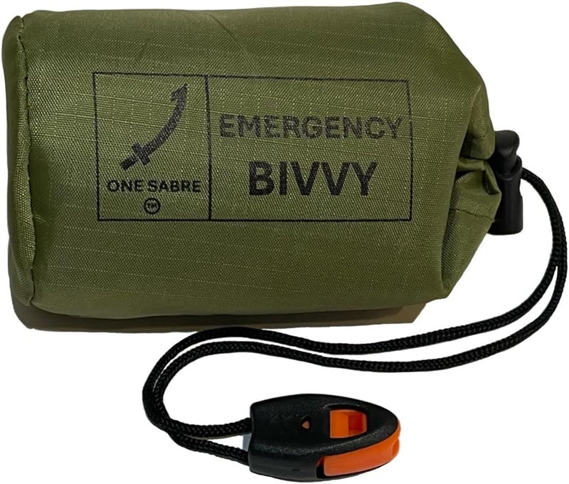 One Sabre Emergency Bivvy Bag - Mylar Sleeping Bag, Space Blanket shelter, Reflects 90% Body Heat, Ripstop Carry Bag w/Whistle - Image 1